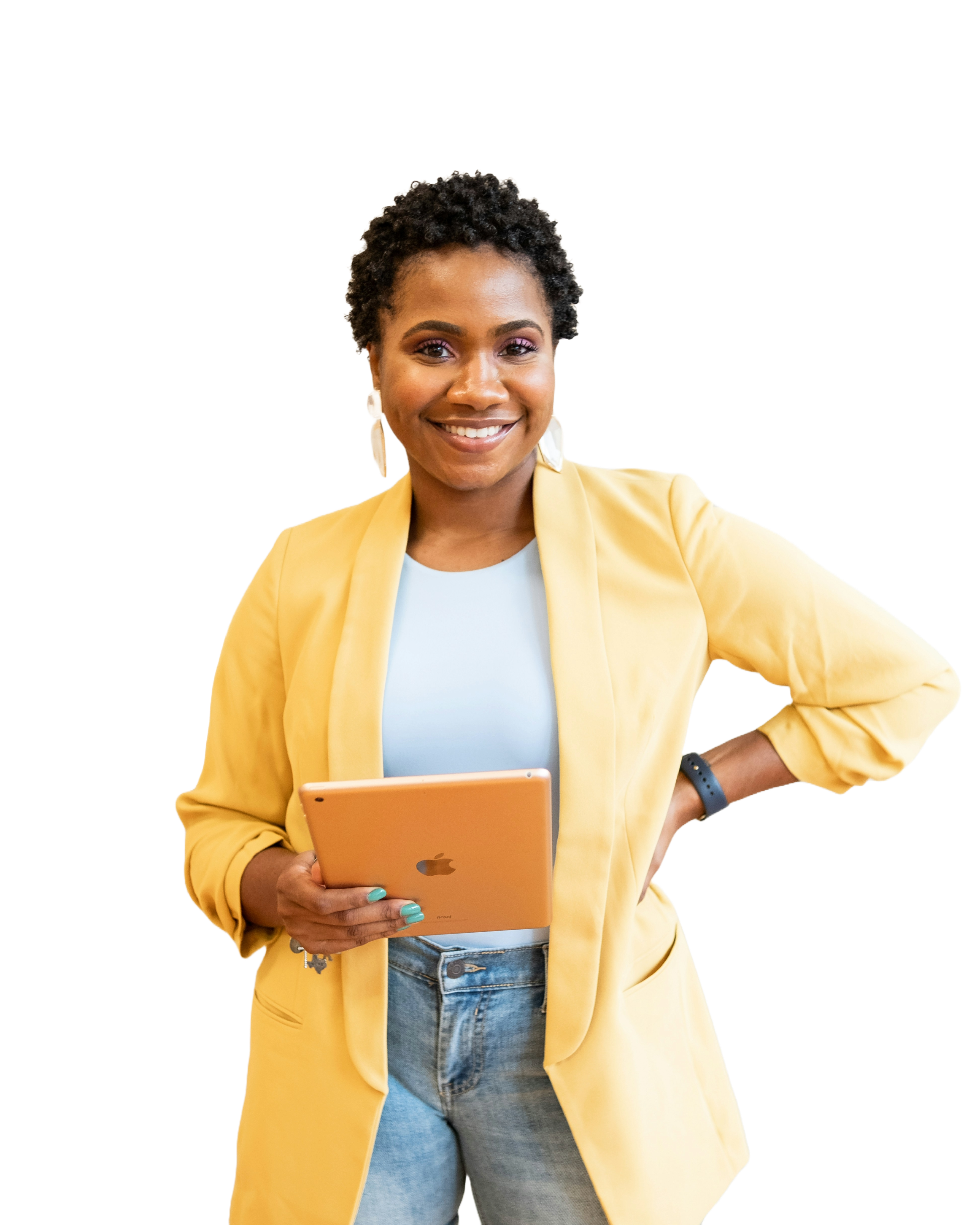 Woman holding an ipad smiling